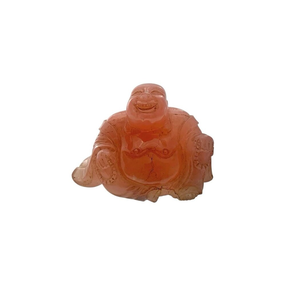 Buddha Figurine Carved Rose Quartz Gemstone Sculpture Old Vintage Oriental Decor